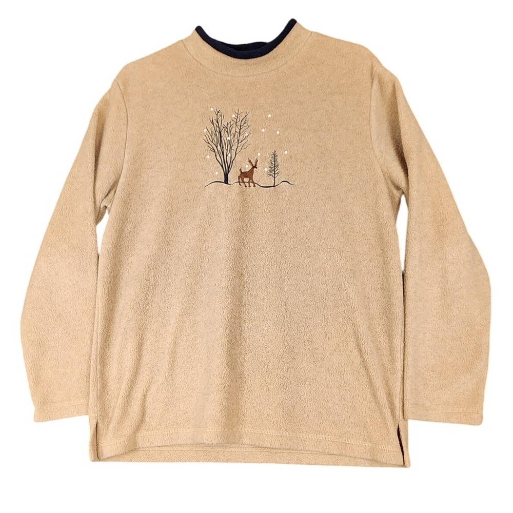 Croft & Barrow Fleece‎ Pullover Top Embroidered Deer Winter Scene Women's M